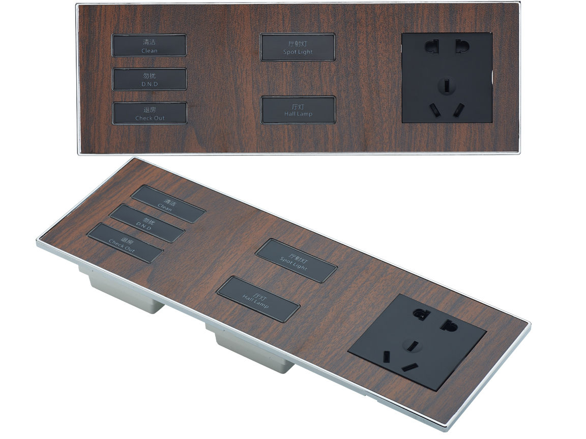 sjzz-K5-228三聯(lián)輕觸開關(guān)(柚木色) - 酒店翹板開關(guān),酒店客房翹板自復(fù)位開關(guān)-